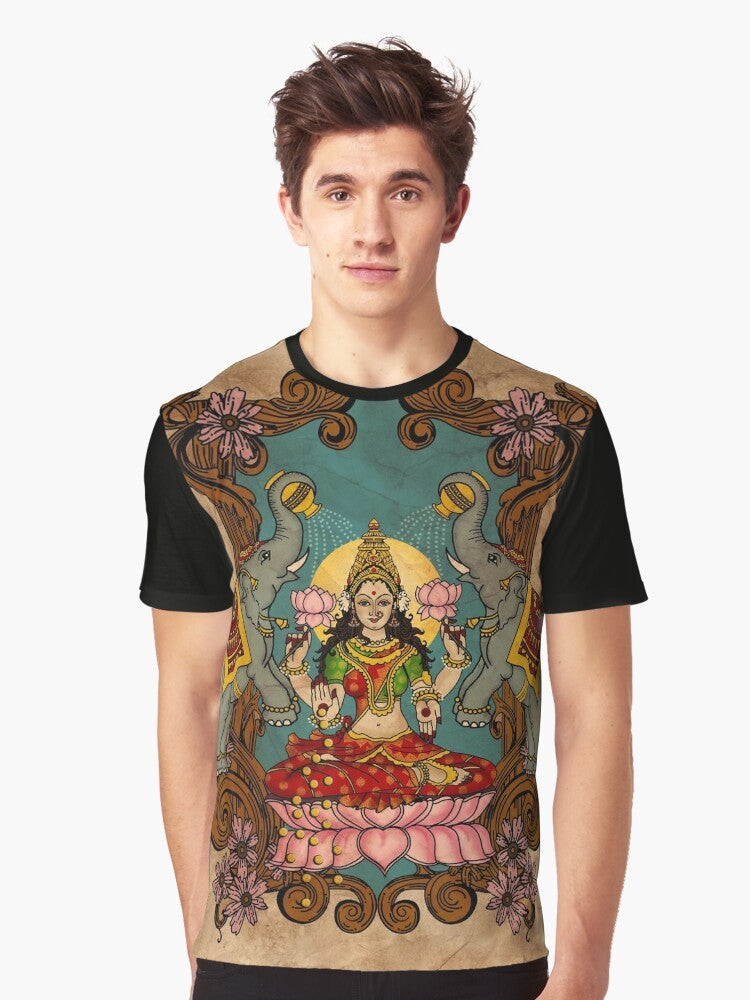 "Lakshmi, the Hindu Goddess of Wealth, portrayed on a graphic t-shirt design" - Men