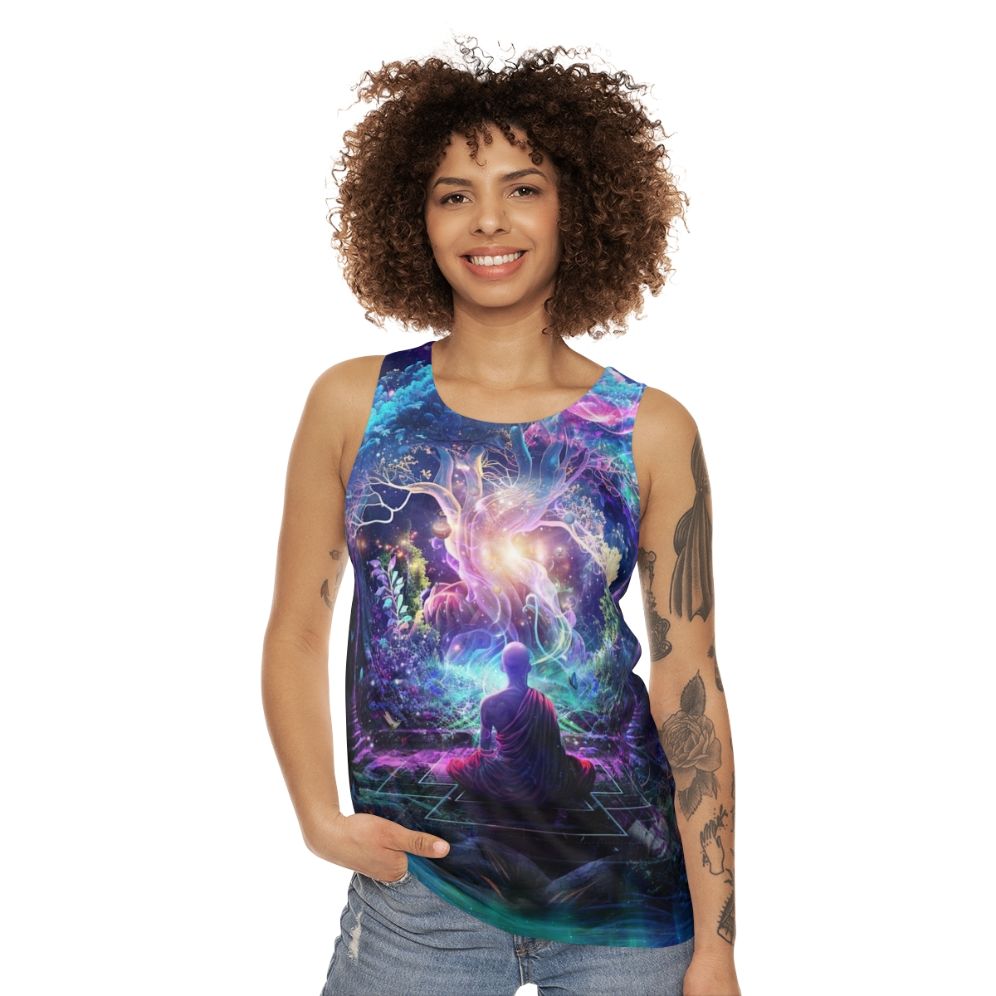 Unisex tank top with cosmic, nature-inspired Midnight Garden artwork - women