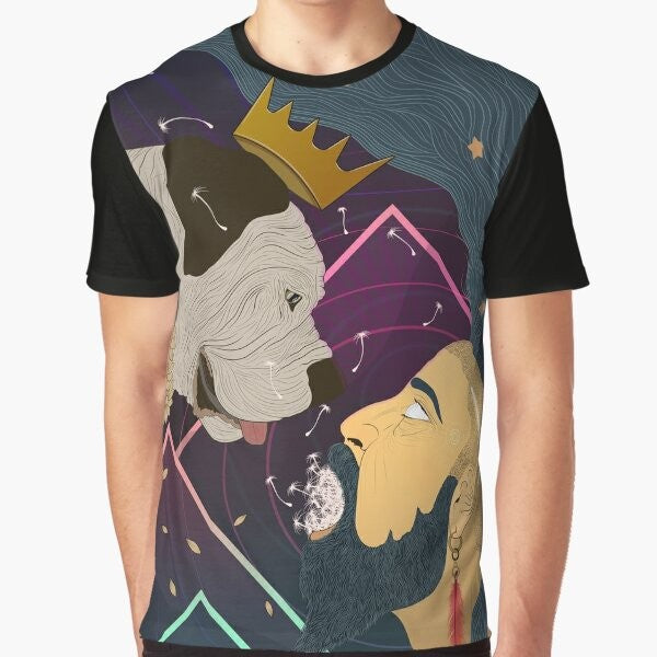 Graphic t-shirt design featuring the Tarot card 'The Fool' with a long-haired man and his dog