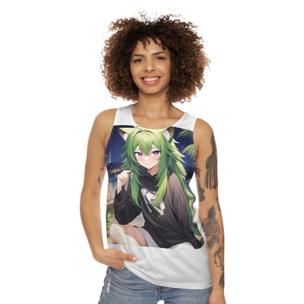 Kawaii anime boy wearing unisex tank top with raccoon hybrid design - women