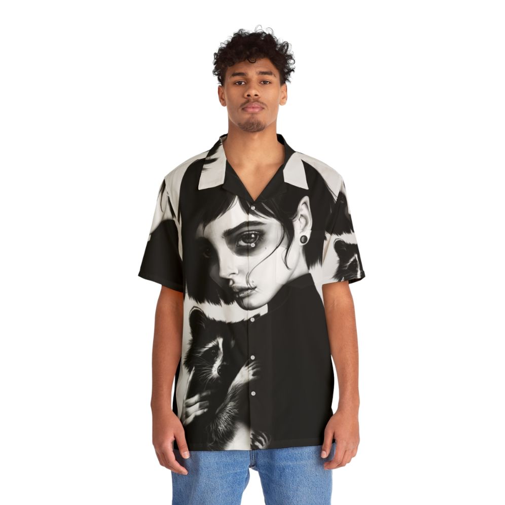 Raccoon Hawaiian Shirt with Modern Black and White Art - People Front