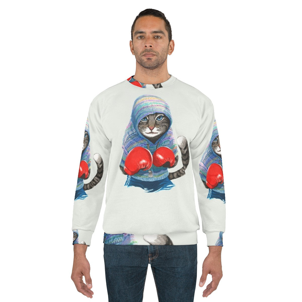 Boxing cat silhouette graphic on blue sweatshirt - men