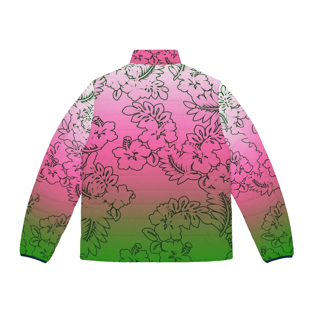 Ombre pink, green, and white puffer jacket with hibiscus flower design - Back