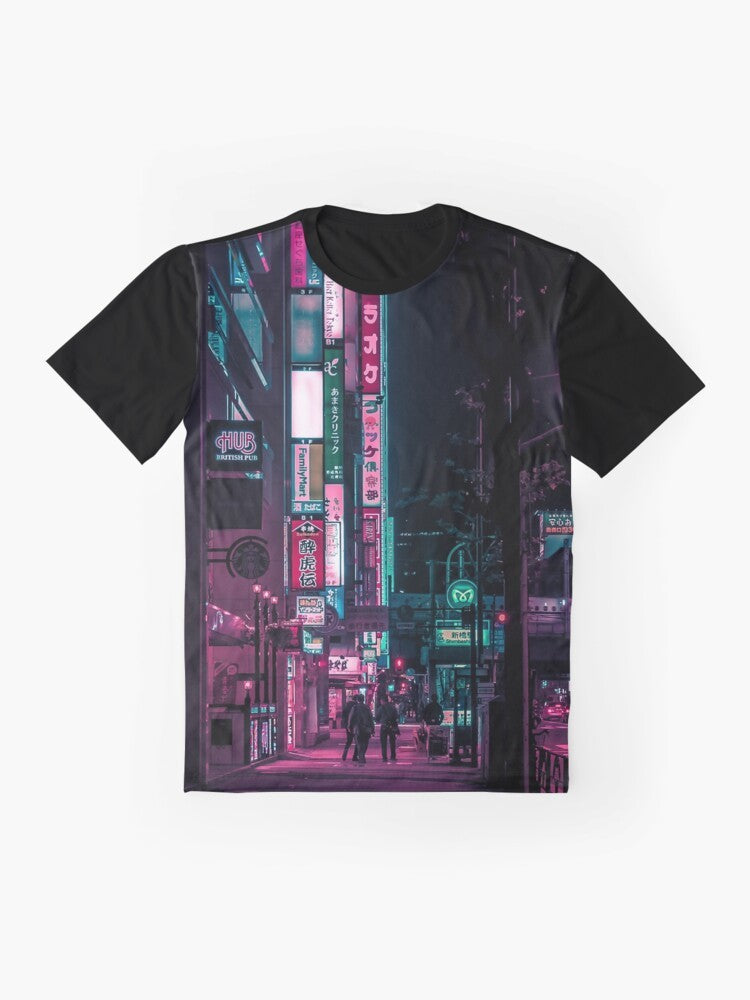 Futuristic graphic t-shirt featuring a cyberpunk inspired design with neon lights, alleys, and cityscapes from Japan. - Flat lay