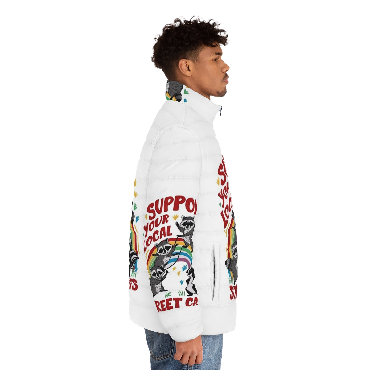 Retro-style puffer jacket with a graphic of street cats in a gang - men side right