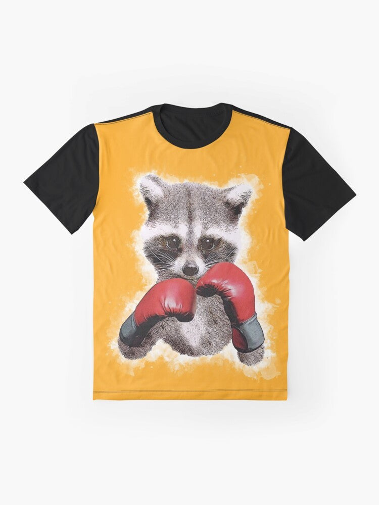 Cute raccoon wearing boxing gloves in boxing pose graphic design t-shirt - Flat lay