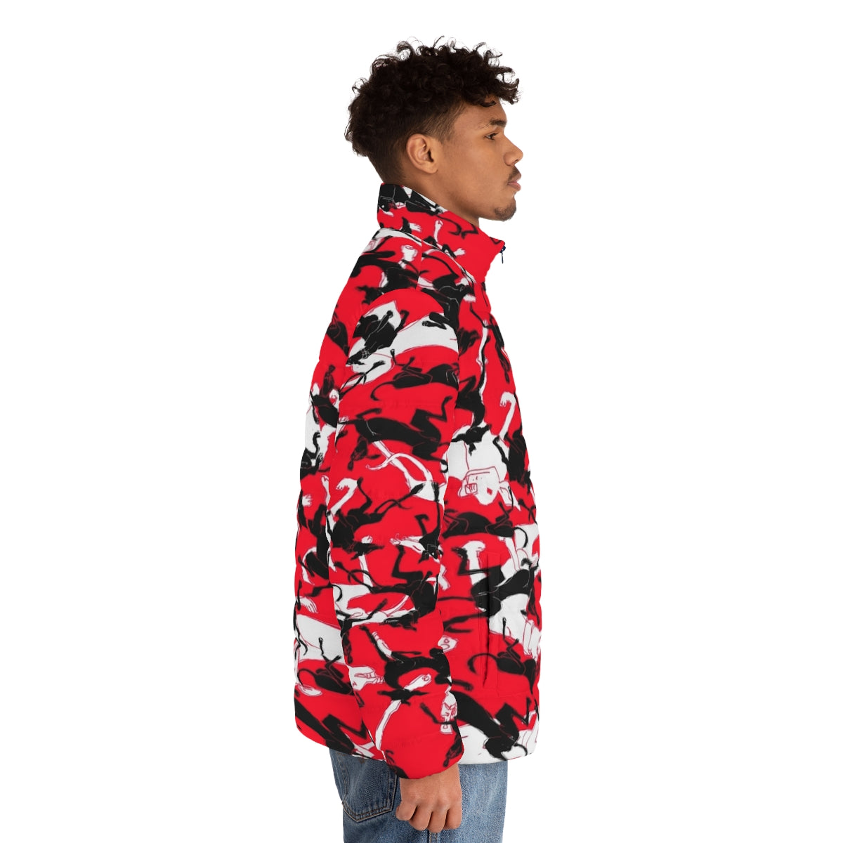 Greyhound wearing a puffer jacket with a sleeping greyhounds design - men side right