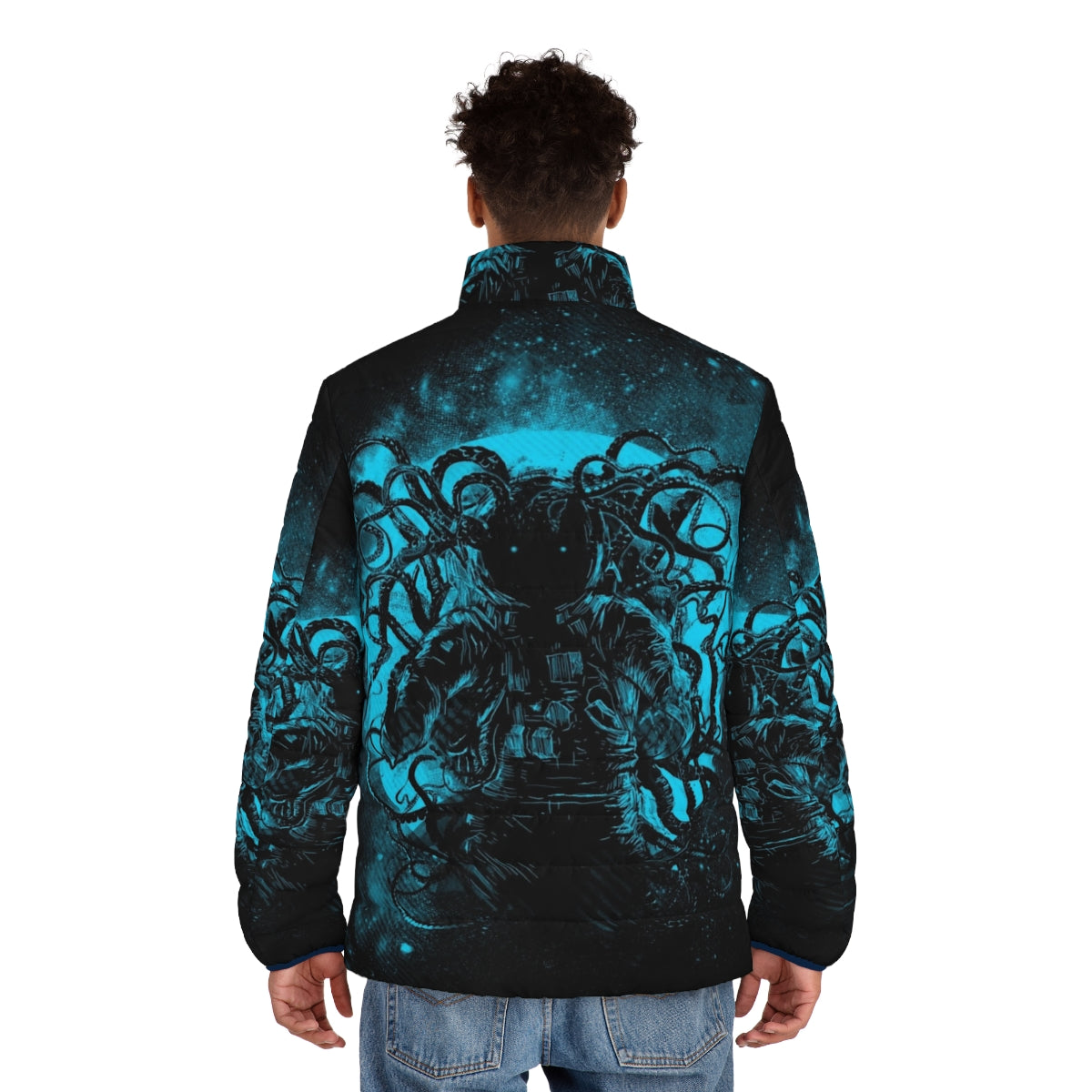 Puffer jacket with cosmic horror design, featuring Cthulhu-inspired tentacles and deep space elements - men back