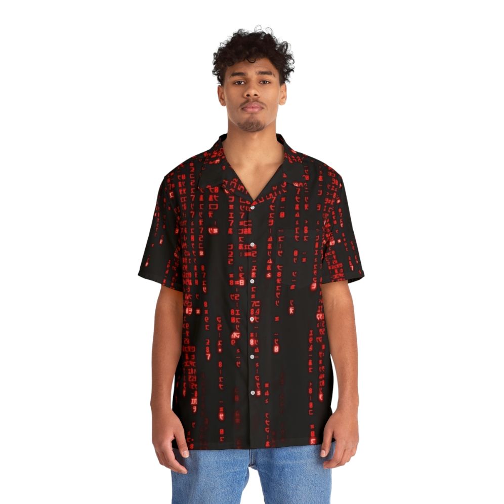 Red Matrix Code Hawaiian Shirt - Cyber Futuristic Programming Shirt - People Front