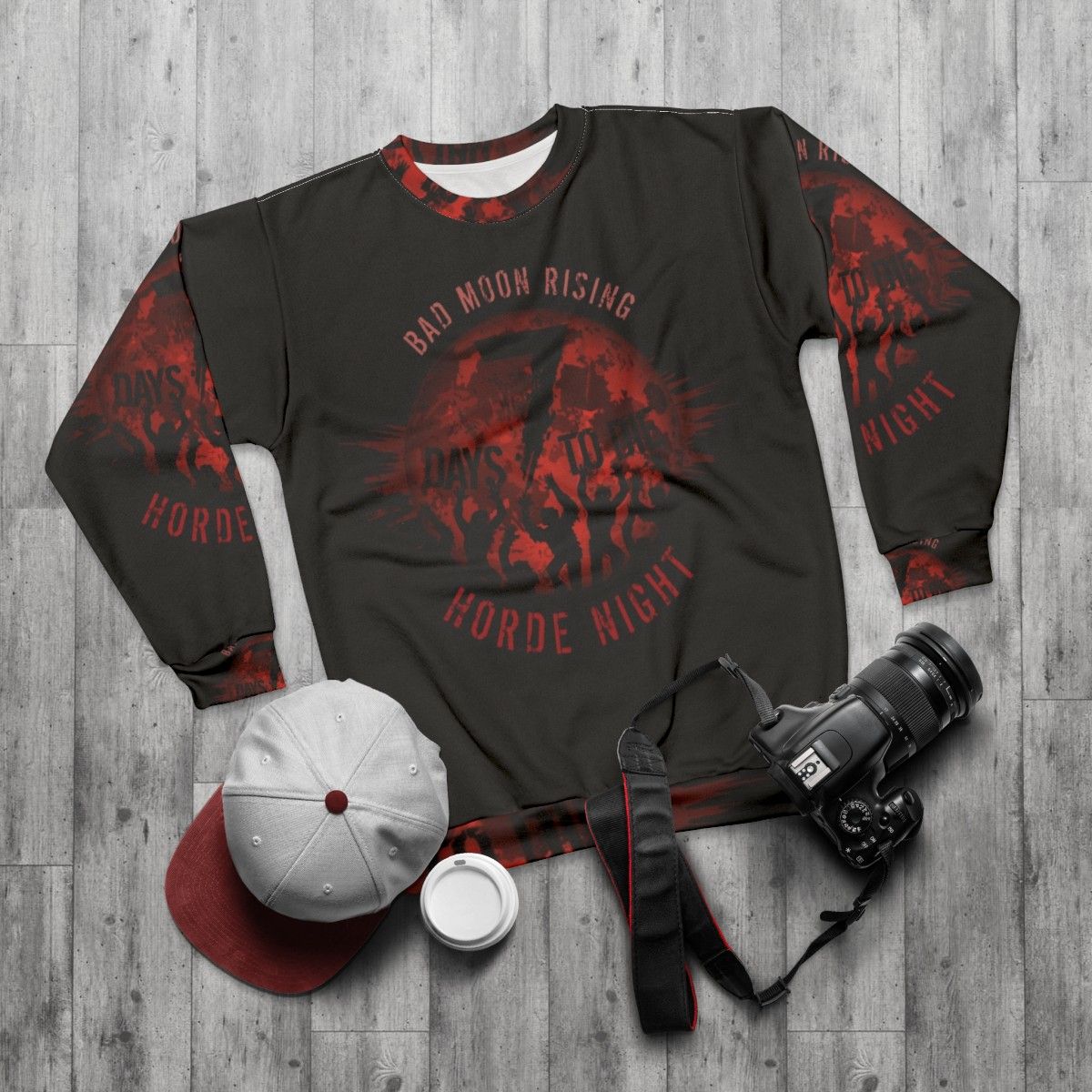 "7 Days to Die Bad Moon Rising Horror Gaming Sweatshirt" - flat lay