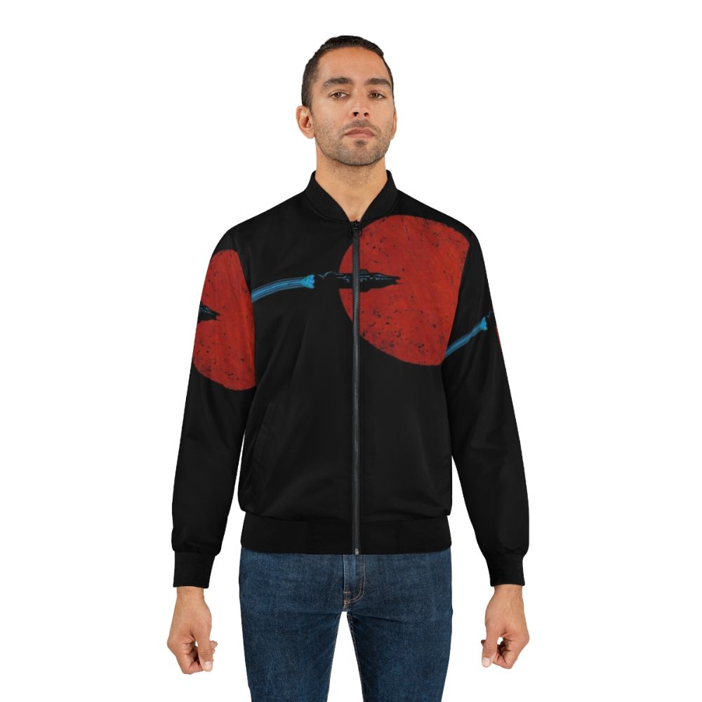 The Expanse-inspired bomber jacket featuring a space-themed design with Mars in the background. - Lifestyle