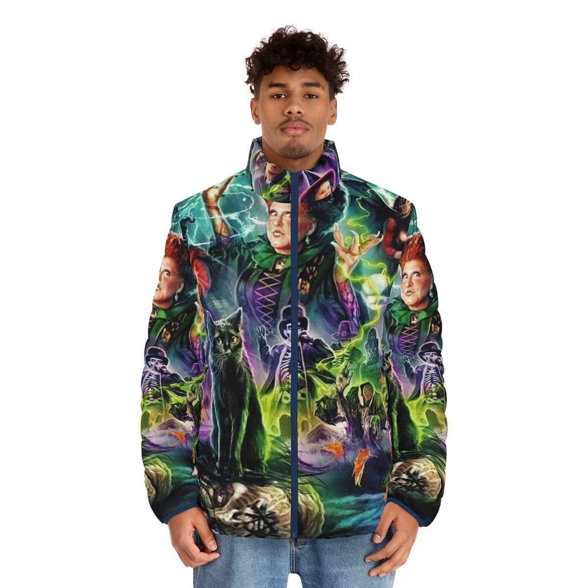 Hocus Pocus 1993 puffer jacket with witch, black cat, and other iconic imagery - men front