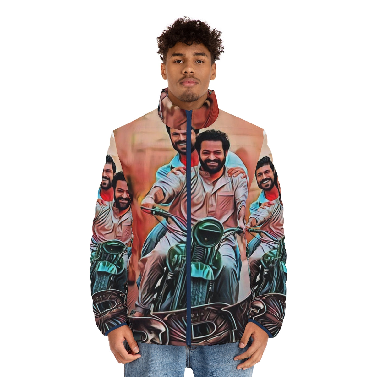 RRR Movie Puffer Jacket featuring the iconic imagery from the hit Indian film - men front