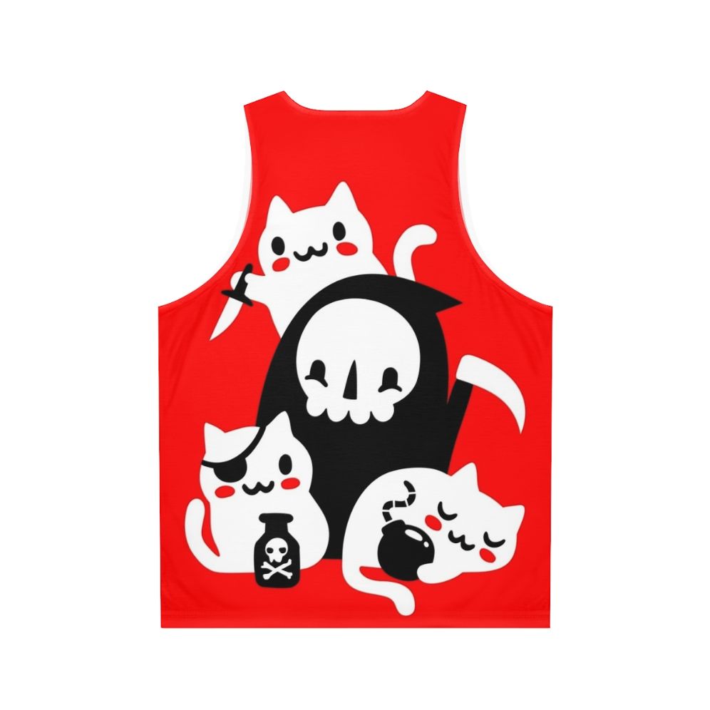 Unisex tank top with a graphic design featuring cats, skulls, and the Grim Reaper - Back