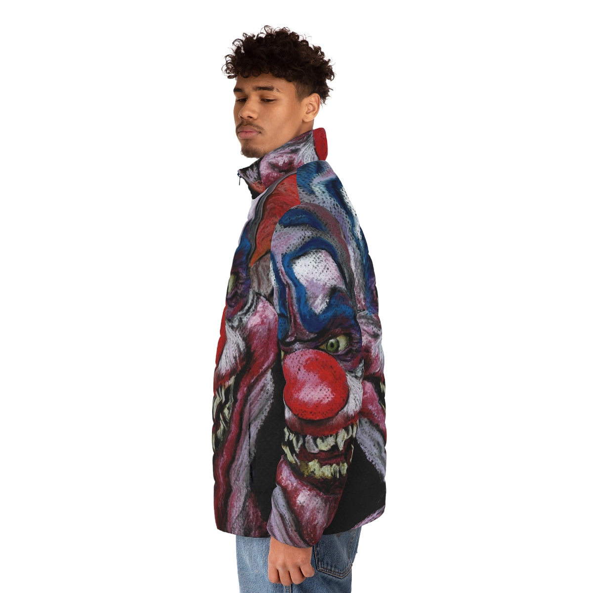 Killer clown puffer jacket with pastel horror art and alien clown design - men side left