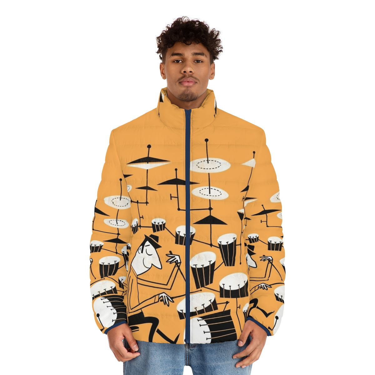 Puffer jacket with a graphic design of a funky drummer and the text "Play That Beat" - men front