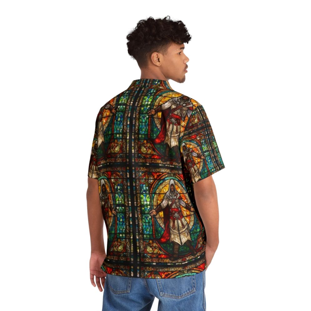 Assassin's Creed stained glass mosaic Hawaiian shirt with vibrant colors and iconic game character - Flat lay