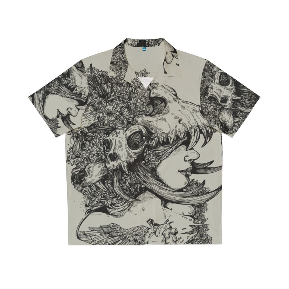 Tropical floral Hawaiian shirt with ink skull wolf antlers design