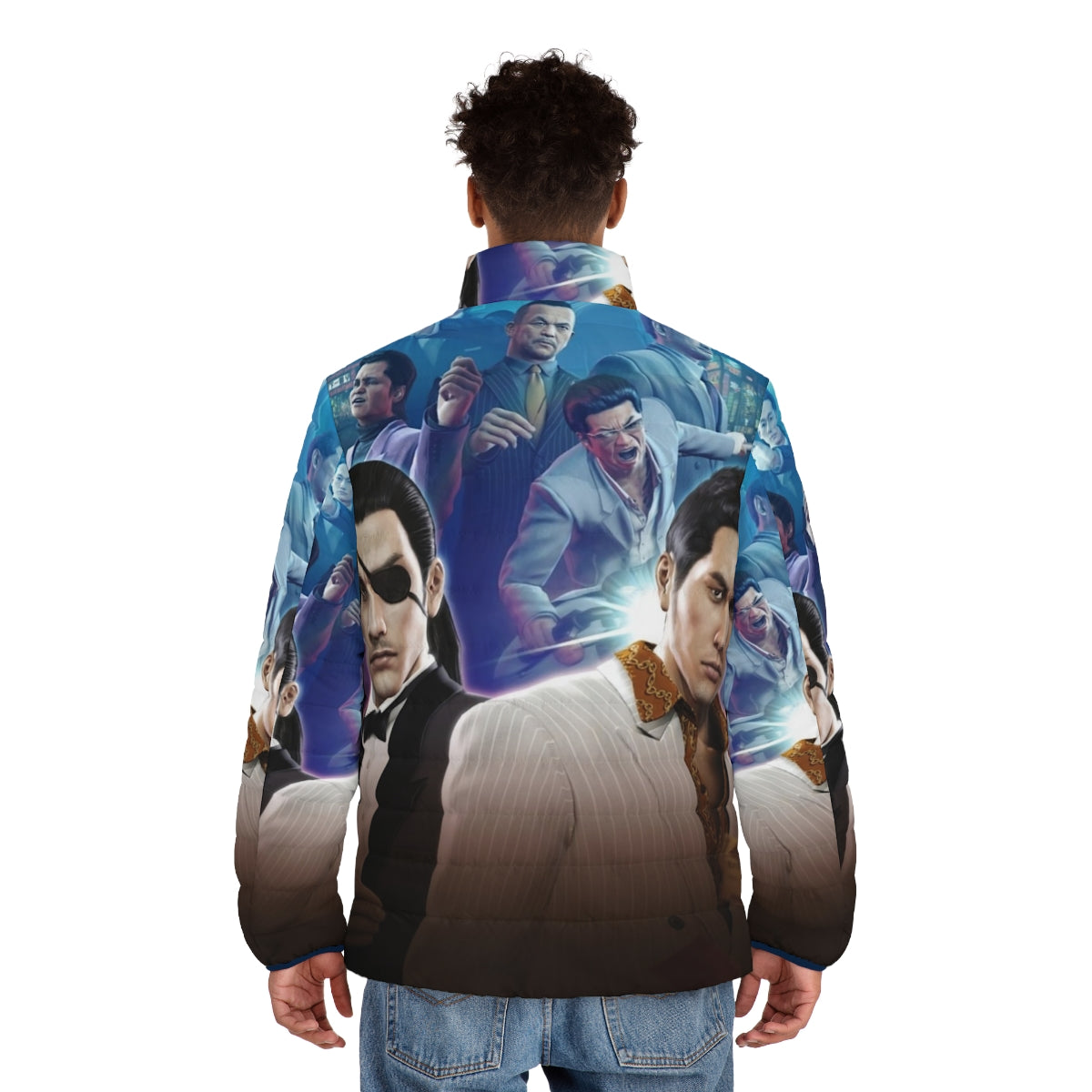 Yakuza 0 Puffer Jacket featuring game characters and imagery - men back