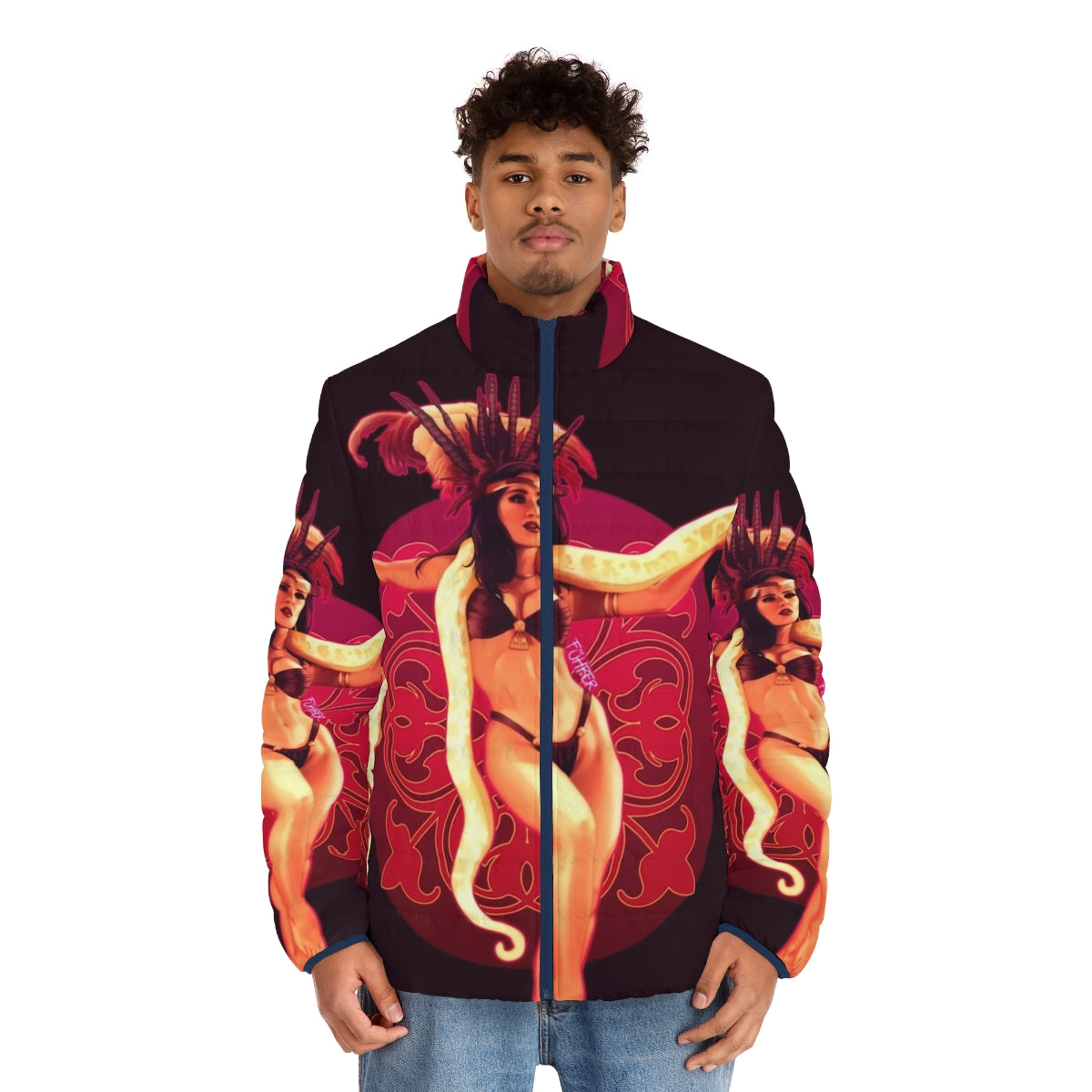 From Dusk Till Dawn movie-inspired puffer jacket featuring vampire and snake design - men front