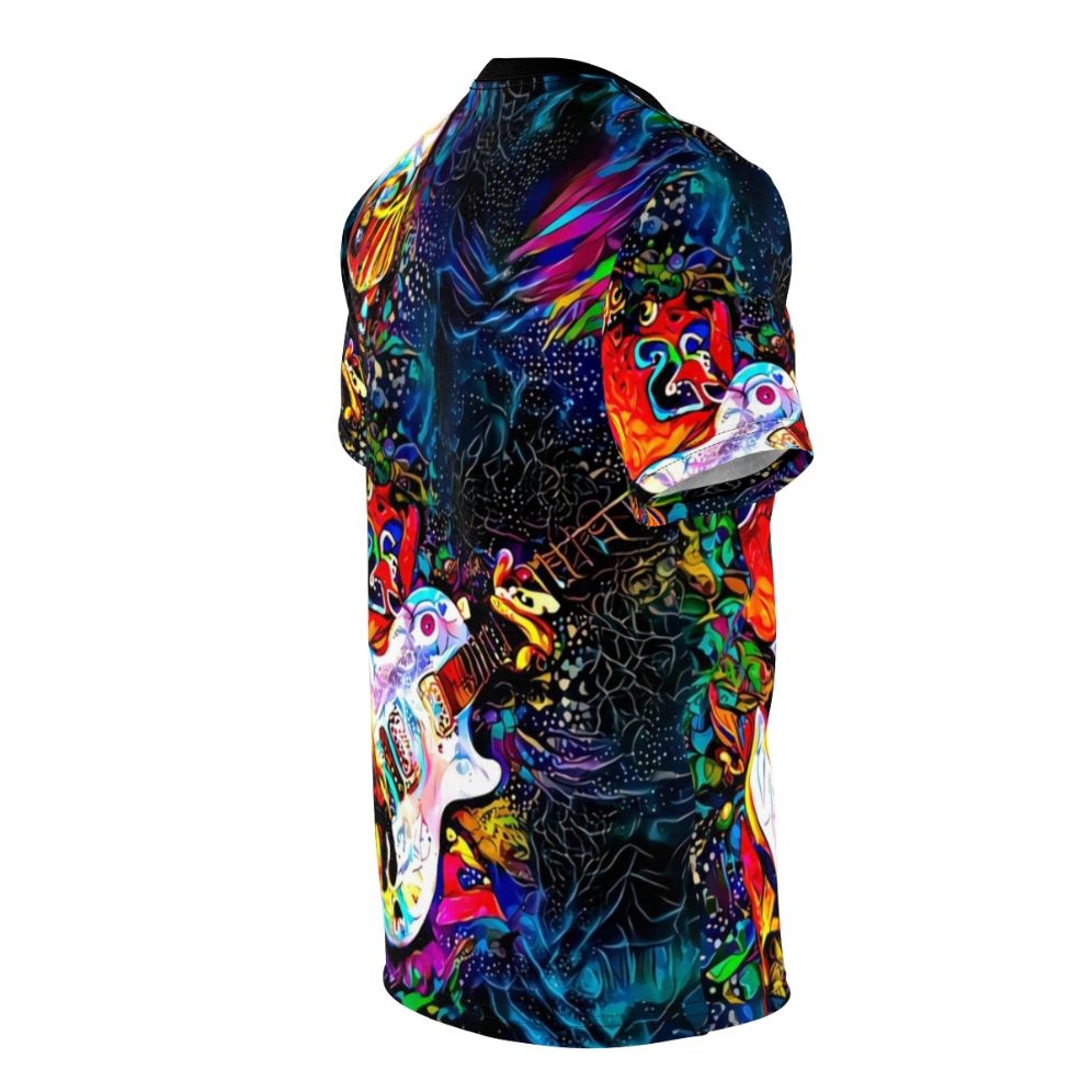 Colorful graphic t-shirt featuring abstract fan art design of musician Buckethead - men right