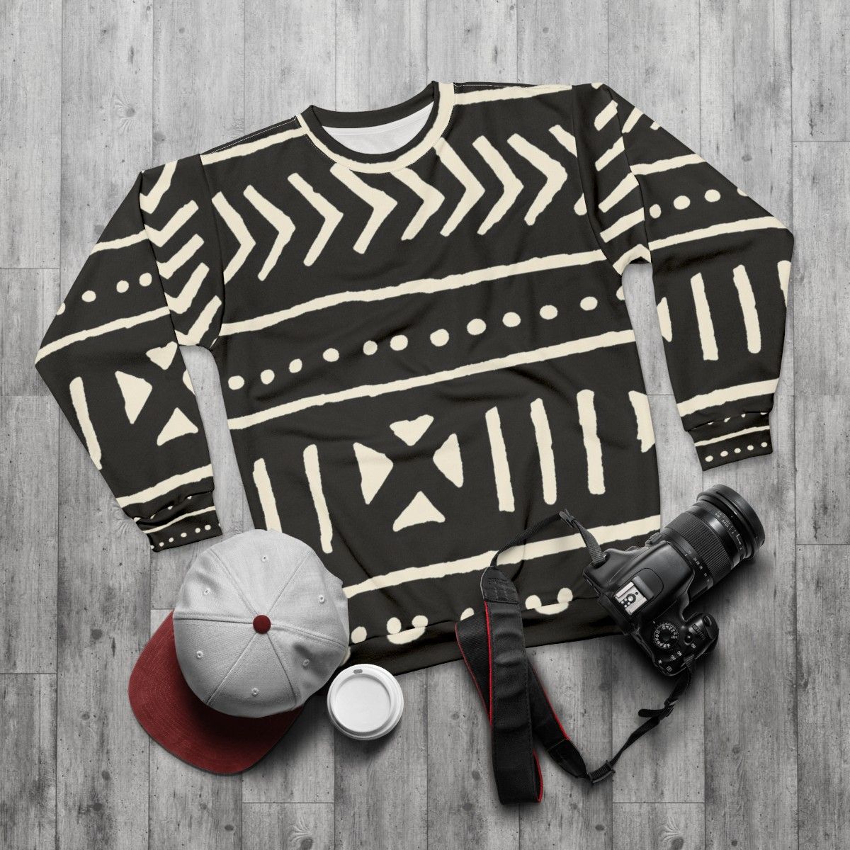 African Mud Cloth Black and White Sweatshirt - flat lay