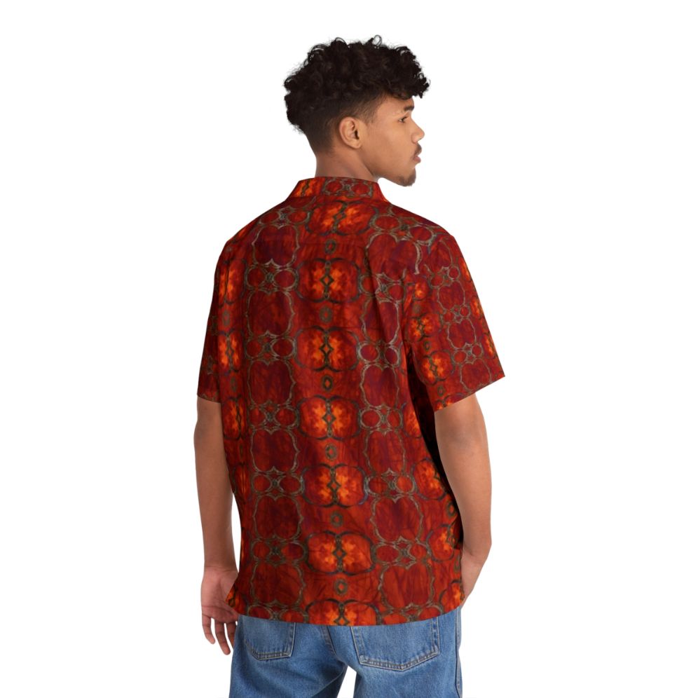 Bold African-inspired Hawaiian shirt with stripe and circle patterns - Flat lay