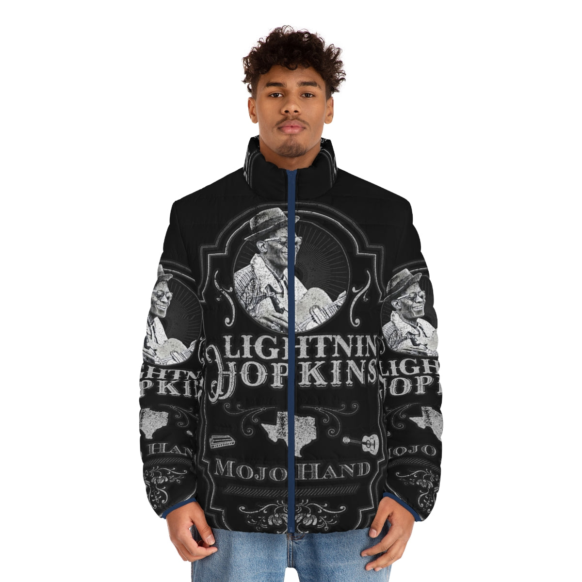 Lightnin' Hopkins Tribute Puffer Jacket with Blues Guitar Artwork - men front