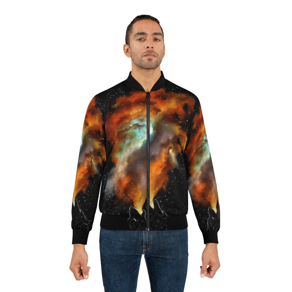 Wolves and Stars Bomber Jacket featuring a galaxy-inspired design with howling wolves and twinkling stars. - Lifestyle