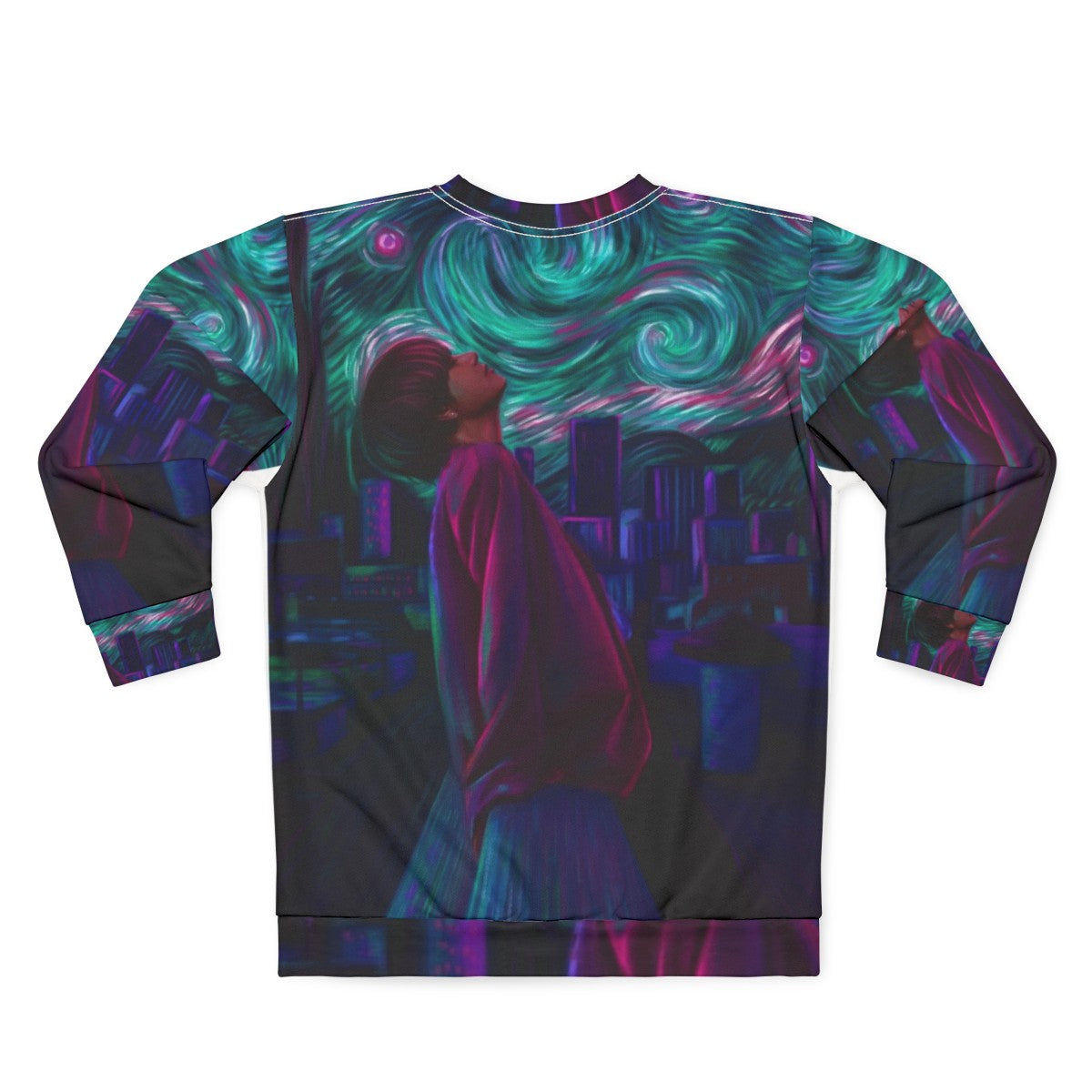 Starry Night Sweatshirt featuring a cityscape inspired by Van Gogh's painting - Back