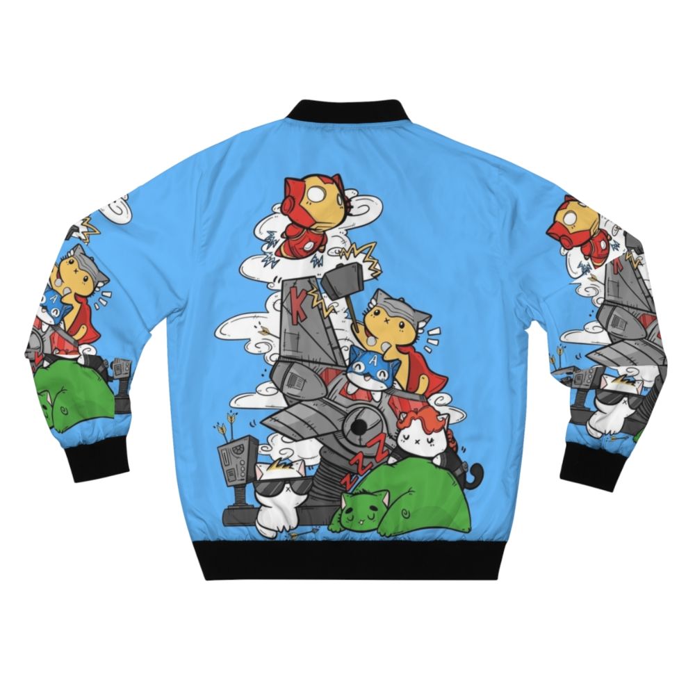 Chubby cartoon cat wearing a bomber jacket with superhero graphics - Back