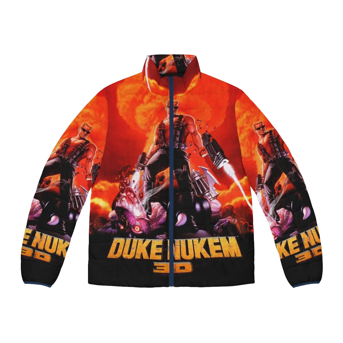 Duke Nukem 3D retro game print puffer jacket with high contrast graphics