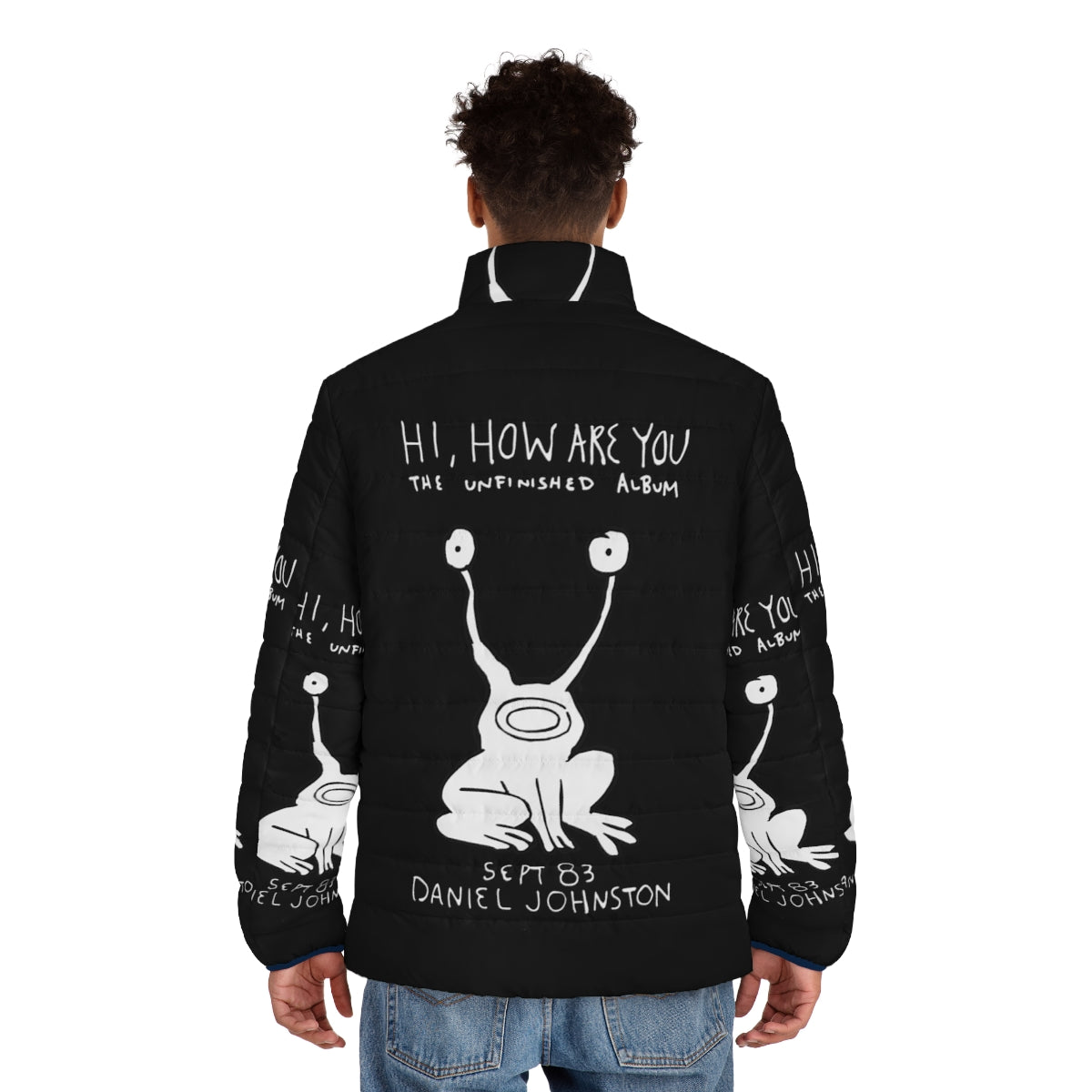 Hi How Are You Daniel Johnston inspired puffer jacket with album cover graphics - men back