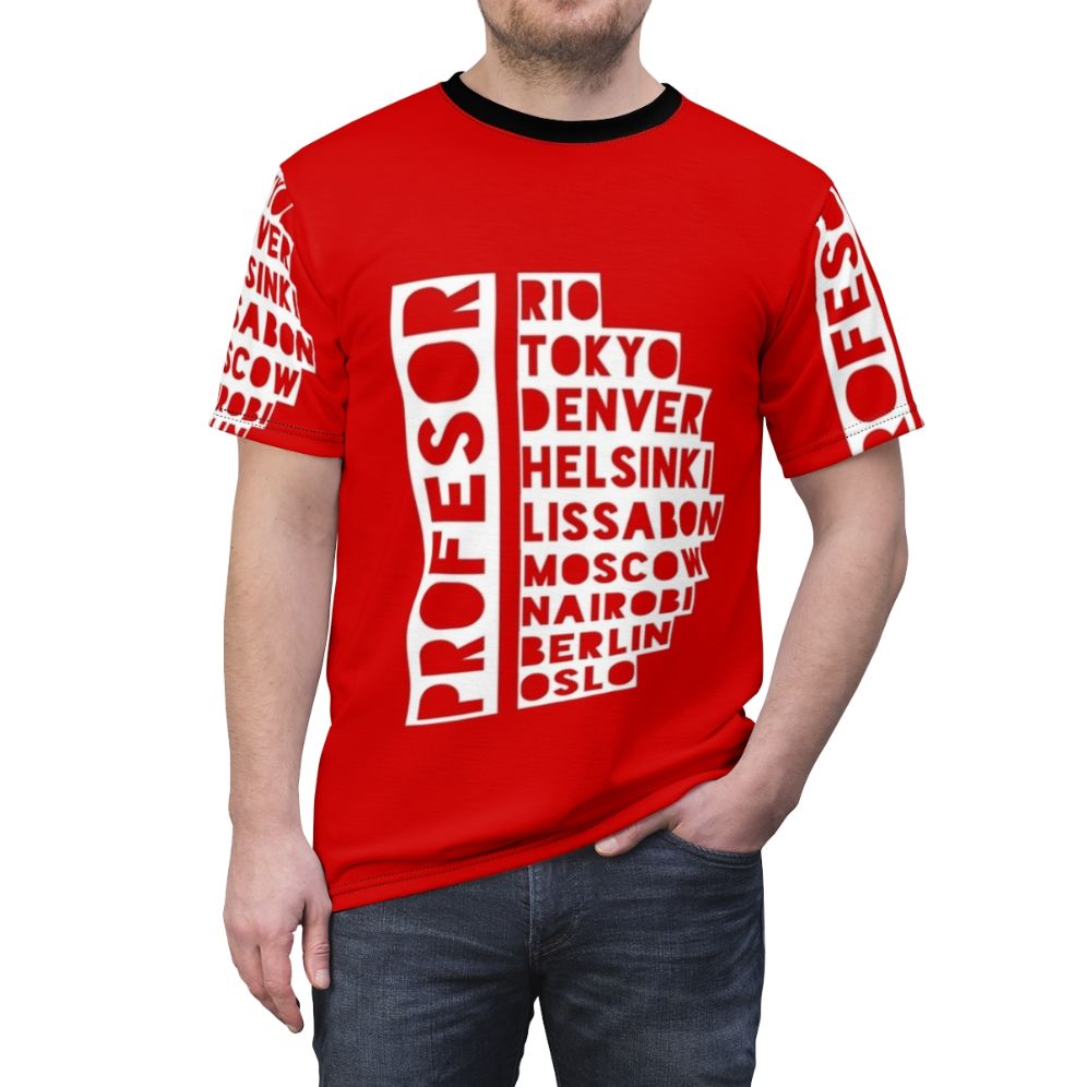 Premium all-over print t-shirt with Money Heist inspired design featuring the Professor - men front