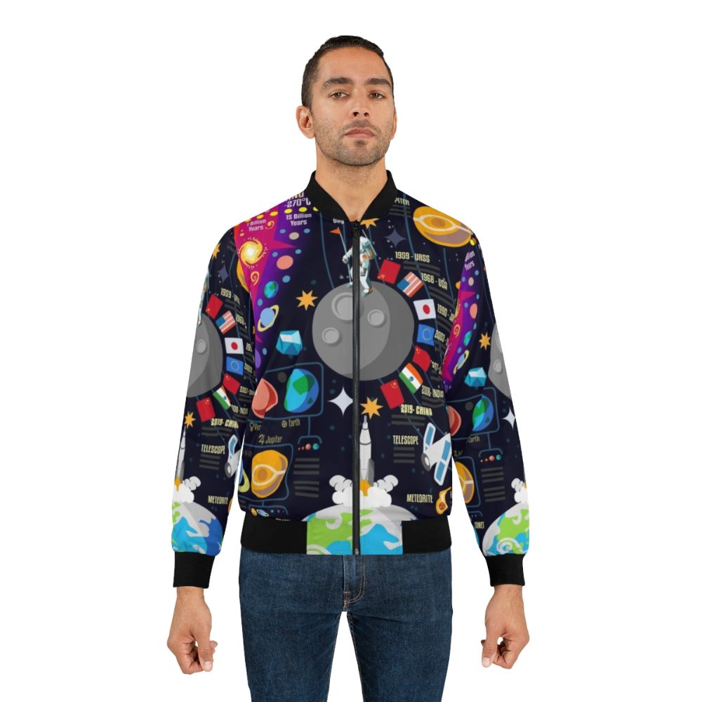 A bomber jacket featuring a vibrant space and universe infographic design, including planets, stars, and the big bang. - Lifestyle