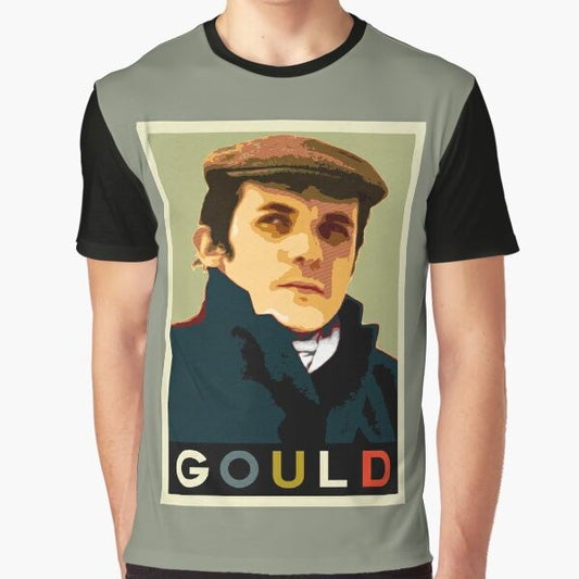 Glenn Gould, the renowned classical pianist, featured on a stylish graphic t-shirt.