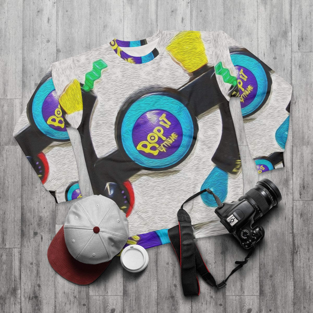 Bop It Extreme retro sweatshirt with colorful meme-inspired design - flat lay