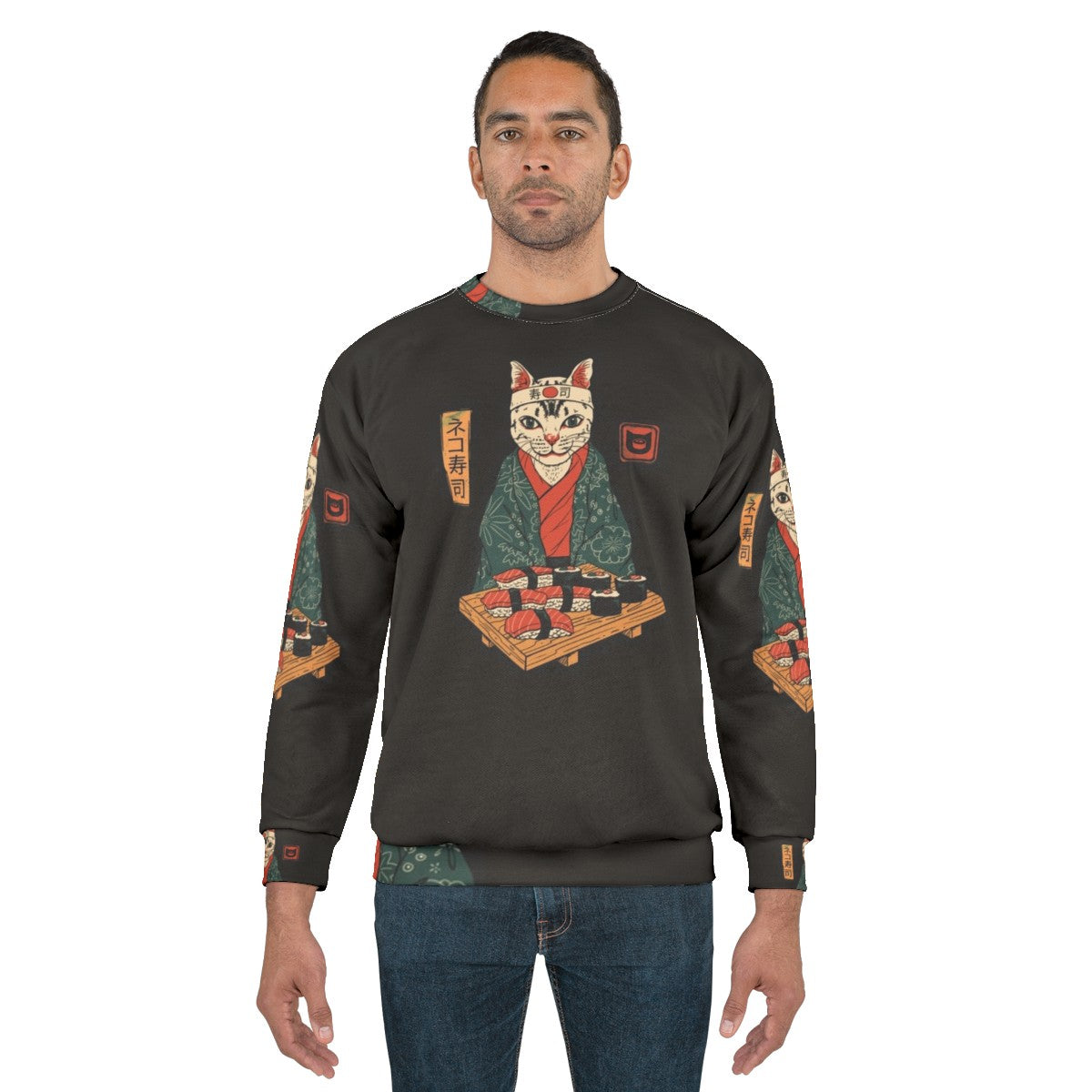 Neko Sushi Bar Sweatshirt featuring a cute cat with sushi elements - men