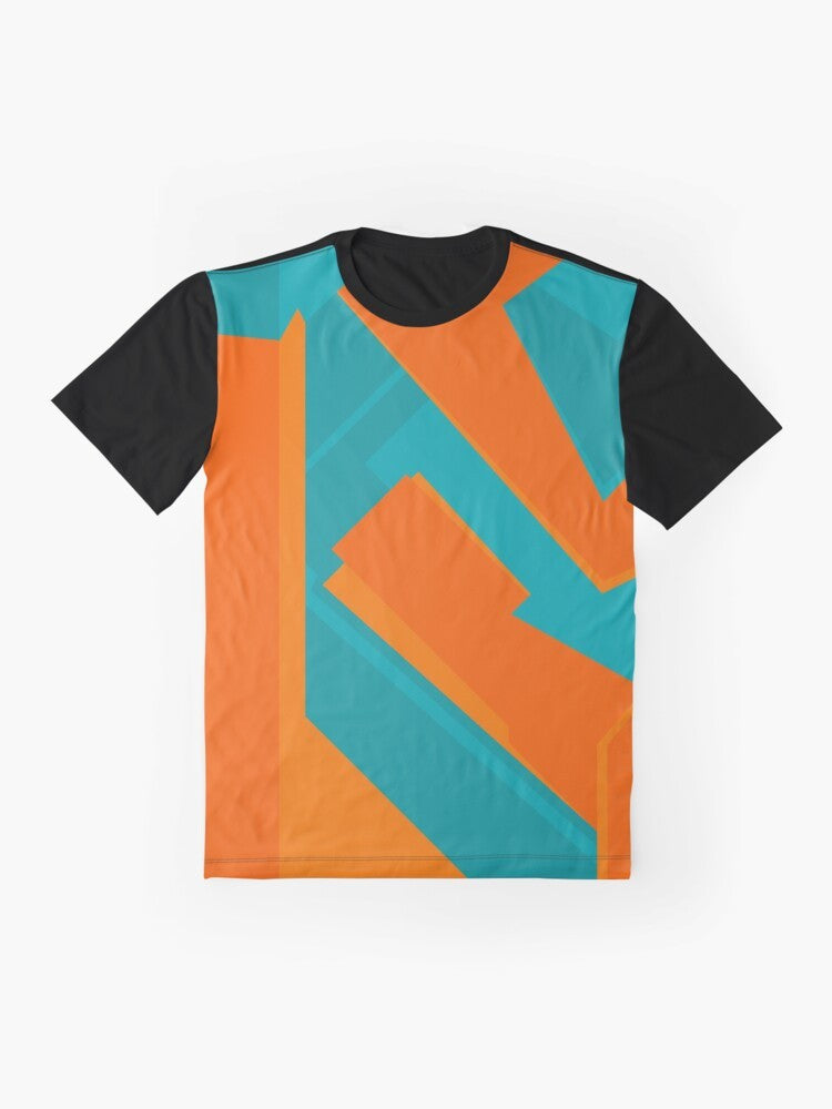 Teal and orange geometric abstract art graphic t-shirt - Flat lay