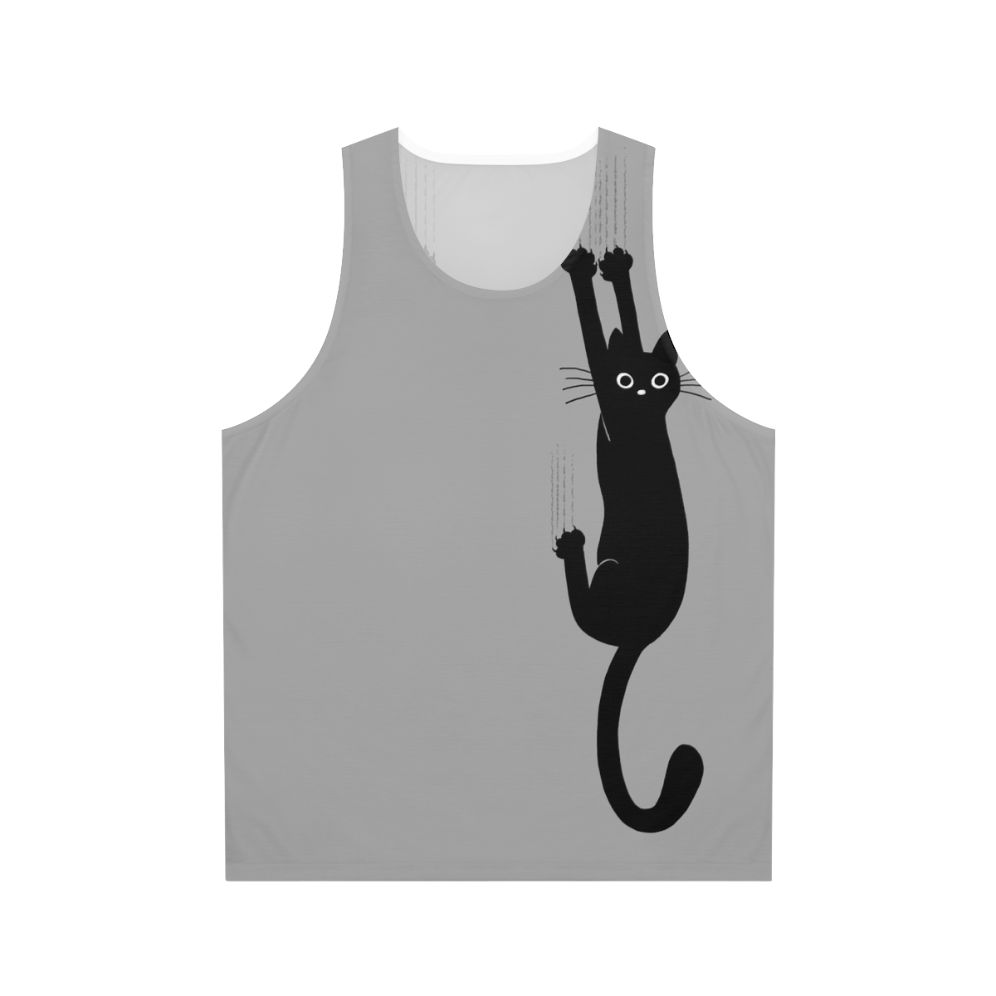 Black cat hanging on to tank top