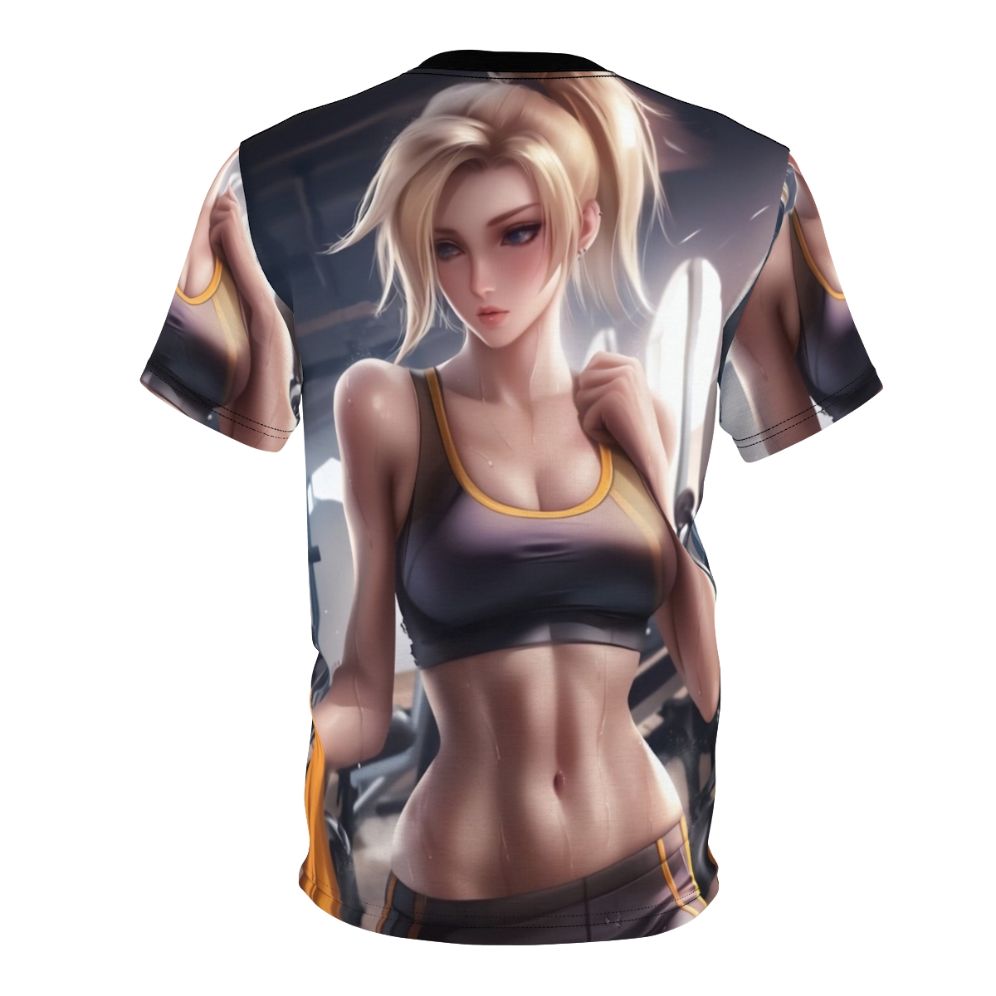 Stylish t-shirt featuring a female anime character in athletic gear for the gym or workout. - Back