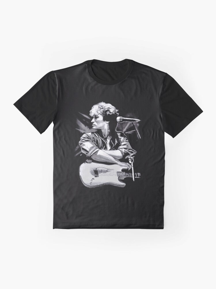 Graphic t-shirt featuring the portrait of Viktor Tsoi, a legendary Russian rock musician, playing guitar - Flat lay