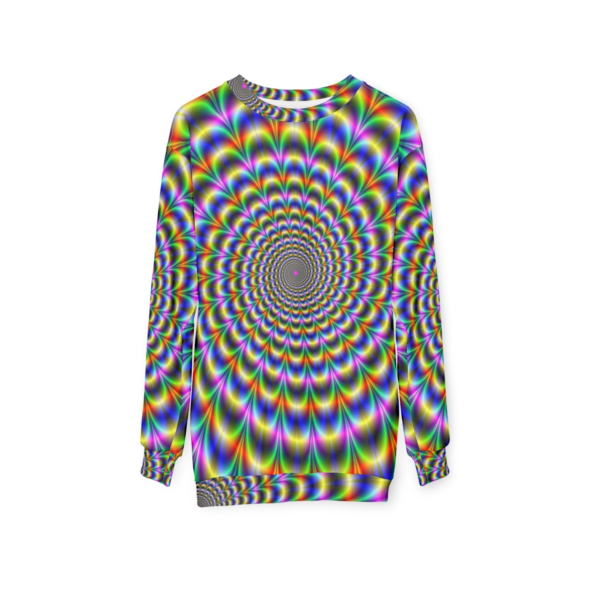 Psychedelic swirl pattern sweatshirt with vibrant, trippy graphics - hanging