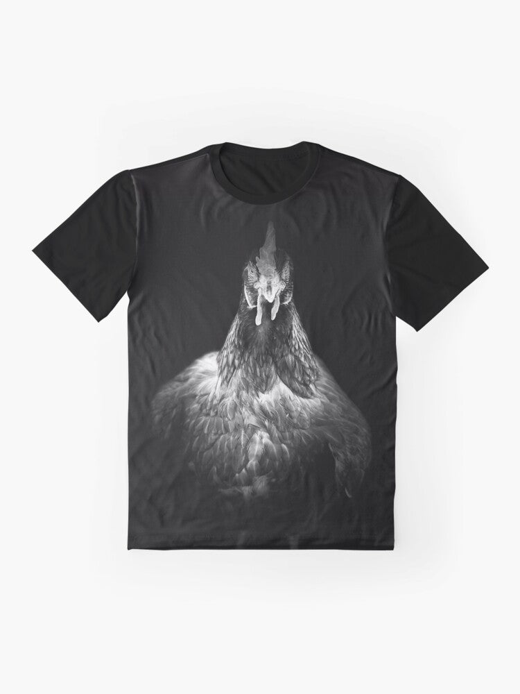 Hen-tensity graphic t-shirt with a vintage-style illustration of a hen, chicken, or rooster - Flat lay