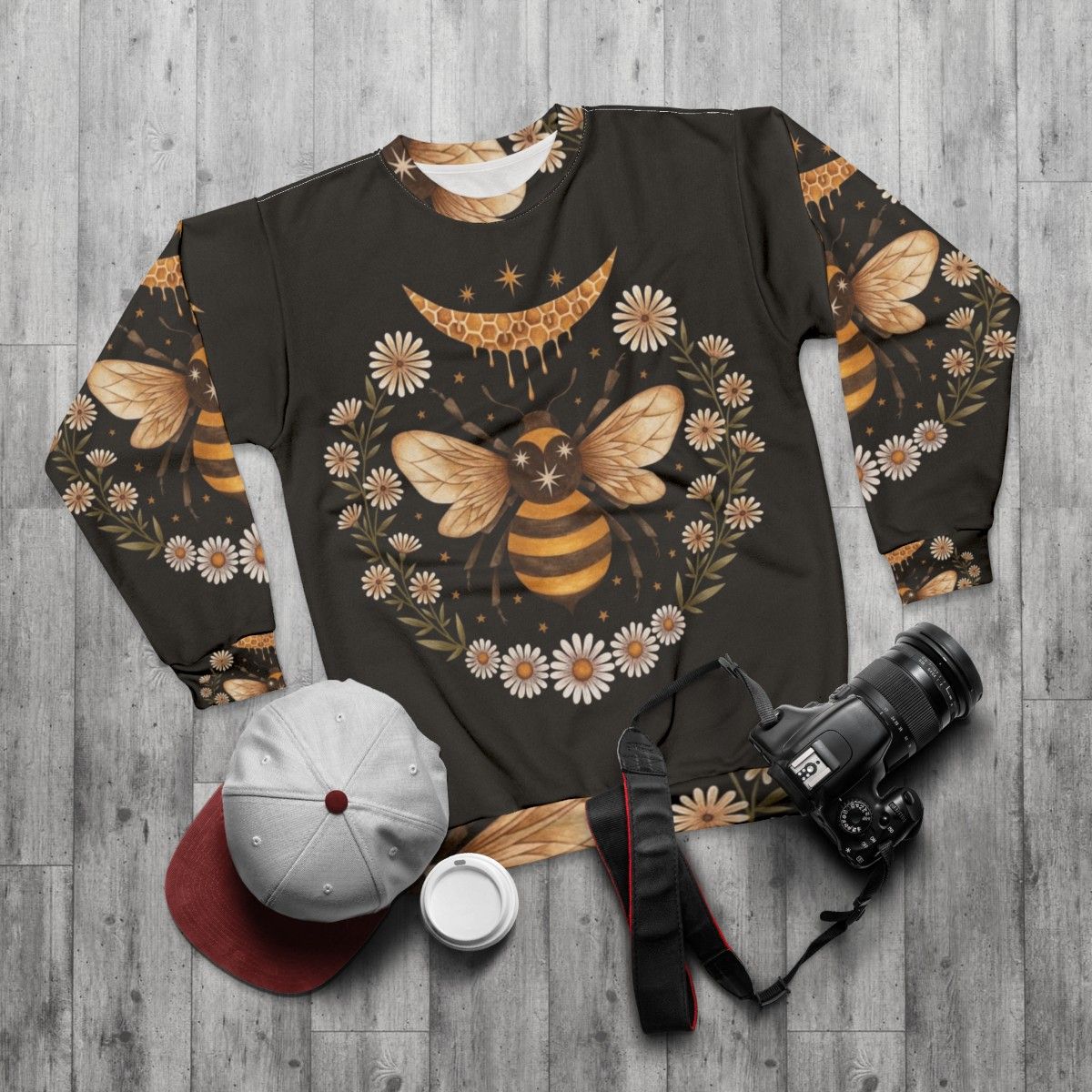 Honey Moon Witch Sweatshirt with Floral Honeycomb and Crescent Moon Design - flat lay