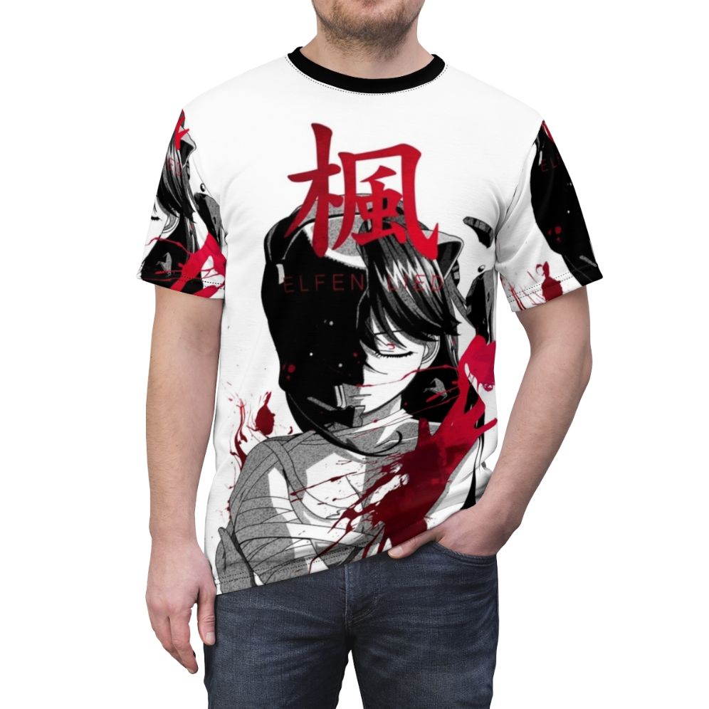 Dark anime-inspired t-shirt with a myriad of monochrome and nuar design elements - men front