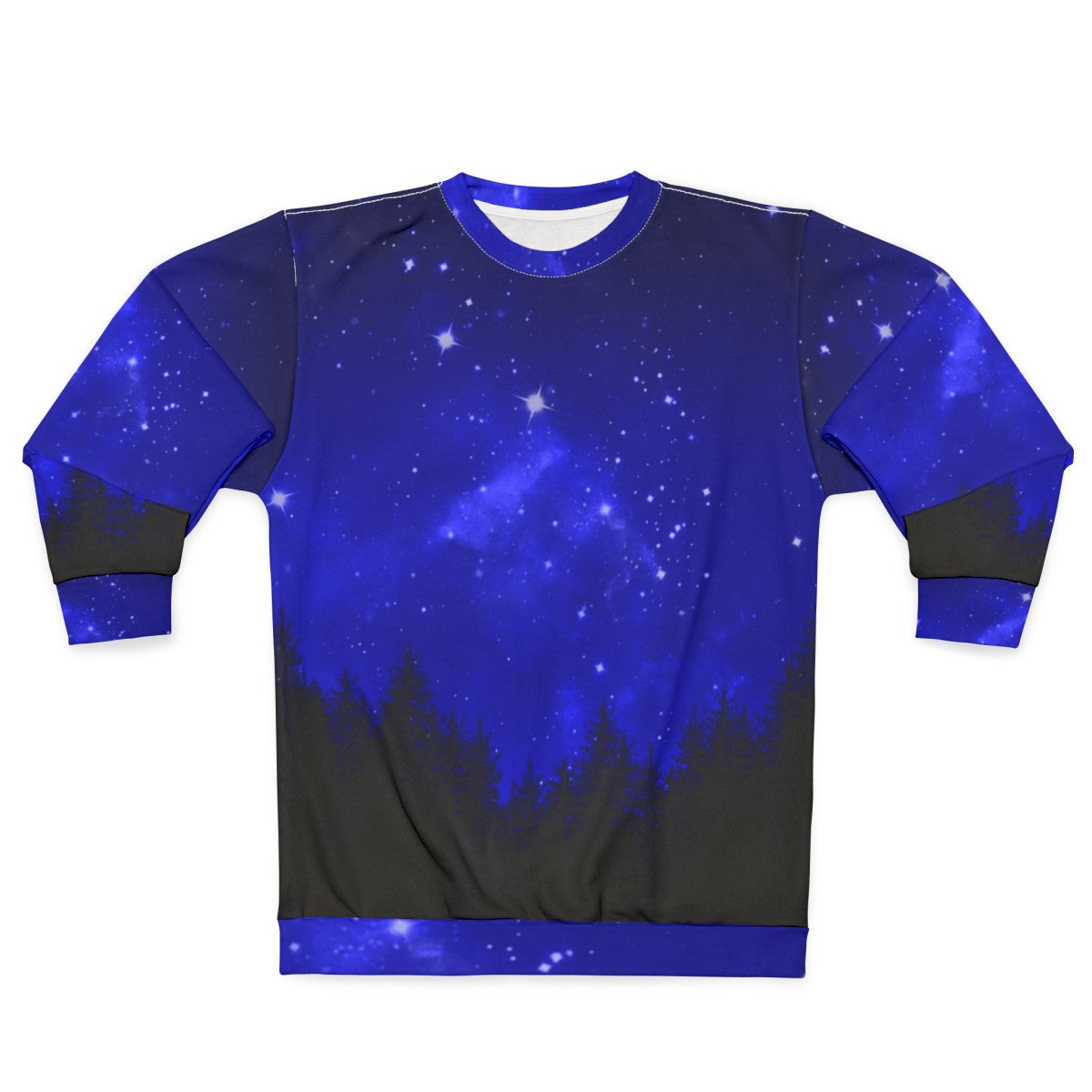 Blue galaxy forest night sky sweatshirt with trees and mountains