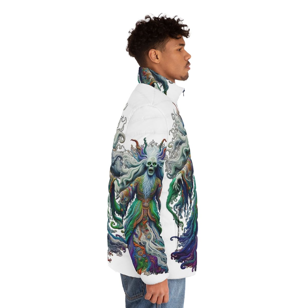 Colorfull puffer jacket with embroidered mythical banshee design - men side right