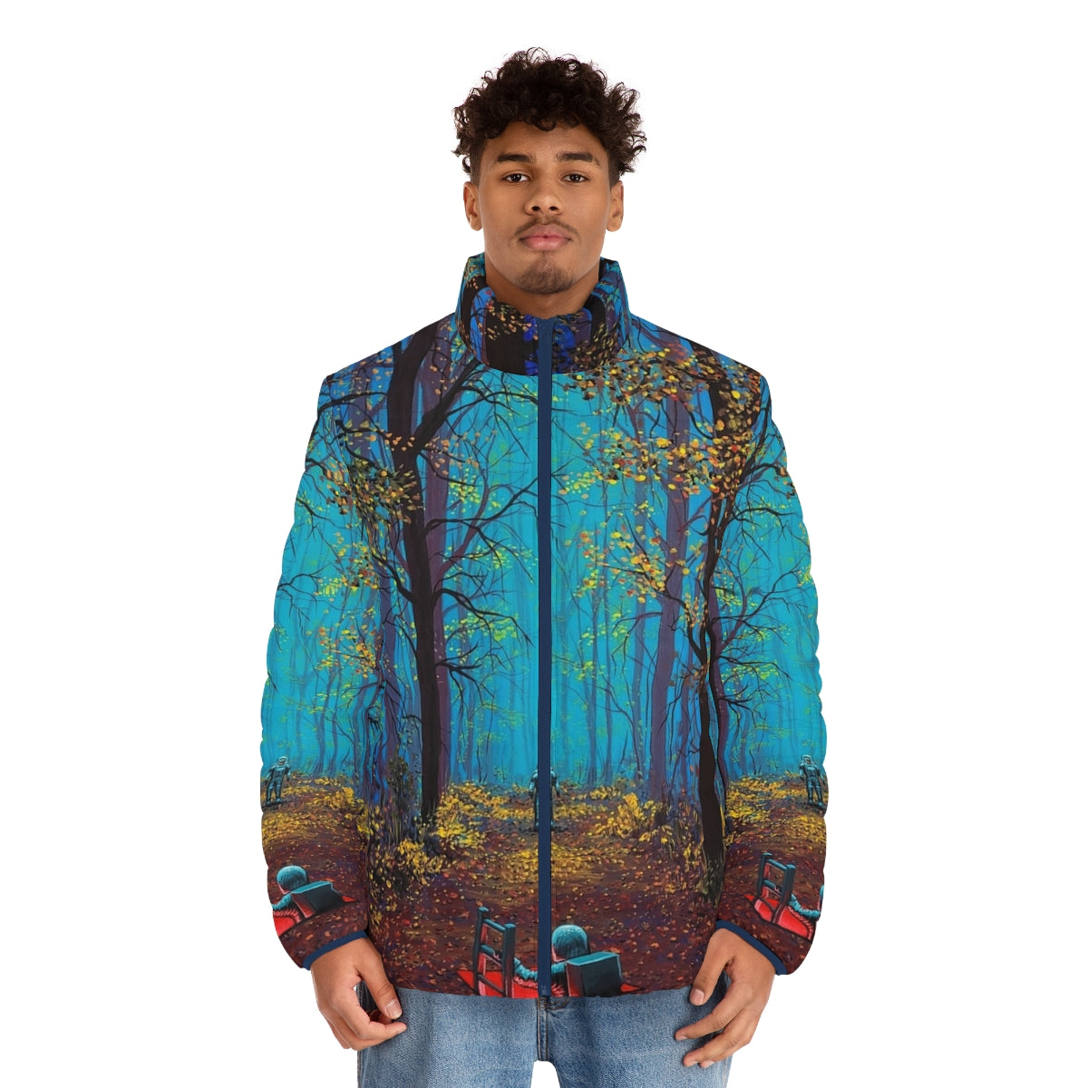 Puffer jacket featuring a space-themed, surreal, and psychedelic design - men front