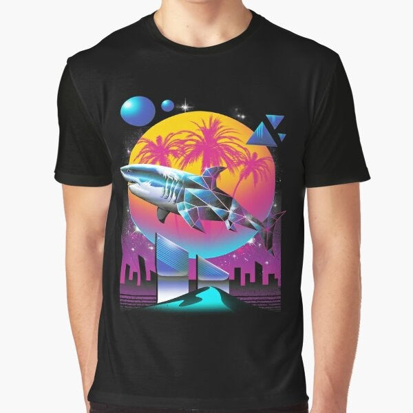 Rad shark graphic design on a black t-shirt with neon colors